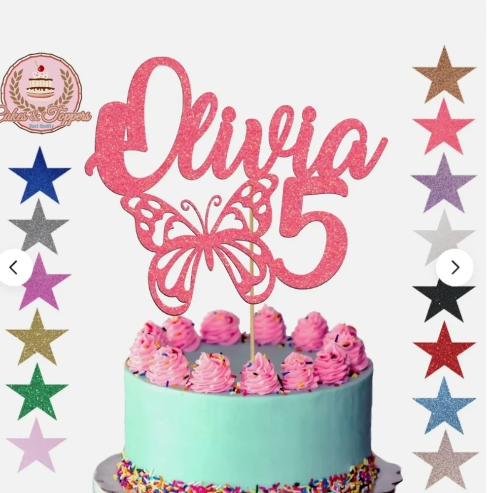 Custom Pink Cardstock Butterfly Happy Birthday Cake‎ Topper Party Decoration